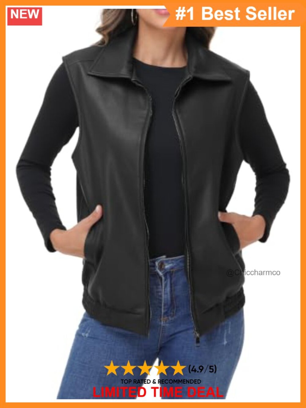 Faux Leather Oversized Vest Zip-Up Sleeveless Waistcoat Layering